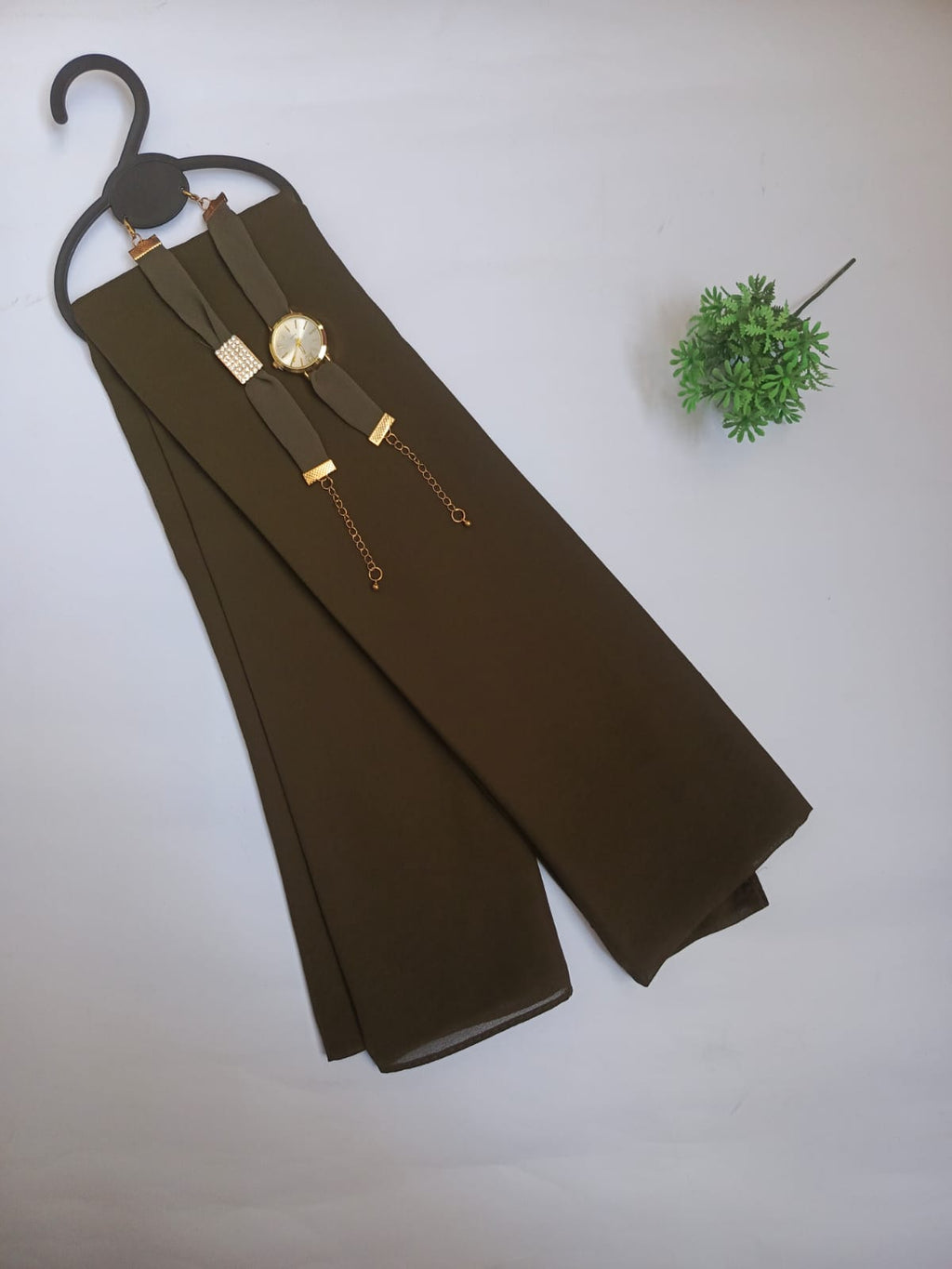 Olive Green Georgette Scarf+Watch+Bracelet