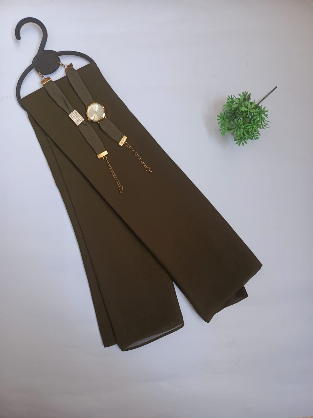 Olive Green Georgette Scarf+Watch+Bracelet